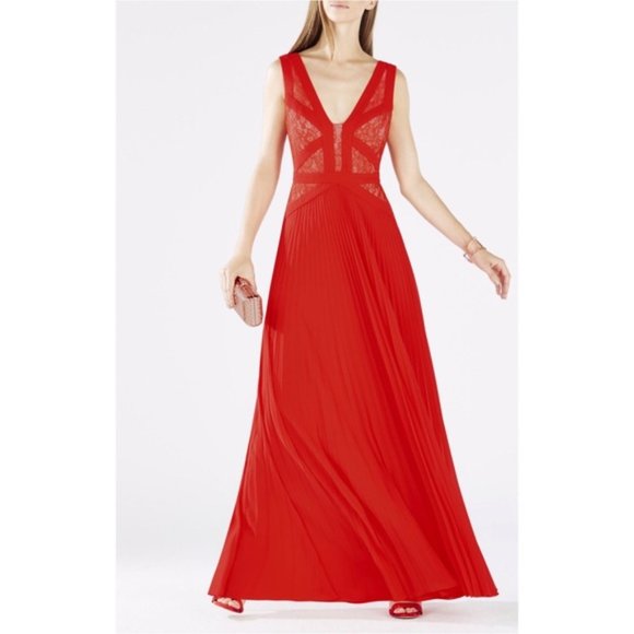 BCBGMaxAzria Evonne Lace Pleated Gown Poppy Red